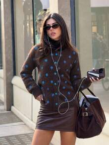 Women's Fashion Polka Dot Button Cardigan, Blue Button Street Style Sweater, Suitable For Autumn/Winter Thanksgiving, Halloween, Christmas Outfits - Coffee Brown - View 4