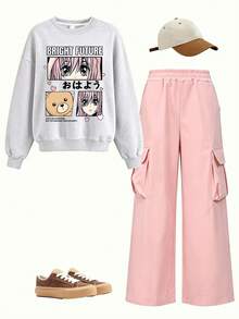 Japanese Anime Girl 2pcs Sports Set, Cartoon Girl Bear Pattern Sweatshirt With Cargo Wide Leg Pants, Spring/Autumn Outfit - Light Grey - View 2