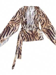 Kliou Beach Vacation Zebra Print Dress Wome Tassel Bandage Backless Cross Deep V-Neck Flare Sleeve Loose Wild Sexy Midnight Mini Bodycon - Khaki - View 8