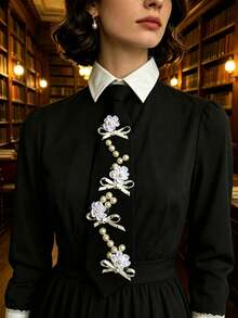 3D Flower Pearl String Polka Dot Bowknot White Tie-Free Necktie For Women, Exquisite Shirt Decoration Necktie For Girls - White Small Flower Pearl - View 9