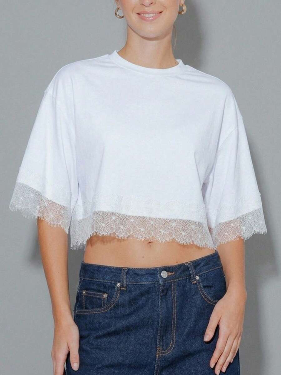 Pimkie Edition Women's T-Shirt Lace Hem, Short Sleeve Regular Fit, Casual Style, Daily Wear - White - View 1