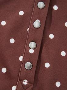 Acelitt Polka Dot Snap Button Collar Raglan Lantern Sleeve Cropped Sweatshirt - Brown - View 10