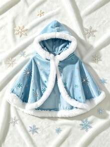 Autumn/Winter Girls' Shawl, Ice And Snow Festival Style, Velvet Fabric, Faux Fur Trim, Snowflake Silver Foil Print, Soft And Skin-Friendly, Casual Style, Suitable For 4-7 Years Old, Winter Girls' Fluffy Shawl - Baby Blue - View 10
