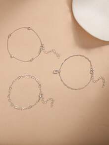 Nooxian 3pcs/Set Silver Fashion Elegant Beaded Chain & Heart Clasp Multi-Layer Stackable Geometric Rectangular Copper Zirconia Pendant Women's Bracelet Set (Random Bead Count) - Silver - View 5