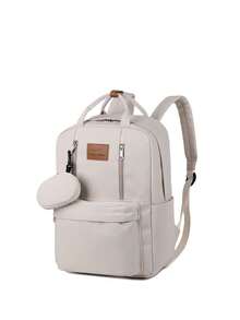 2pcs/Set Women's Nylon Fashion Backpack With Double Straps And Pendant Accessory, Sold Together - Beige - View 3