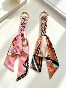 1pc French Style Tassel Scarf Keychain, Luxury Fashion Ribbon Bow Bag Charm, Scarf Tassel Pendant Key Ring, Car Key Decorative Hanging Ornament - Multicolor - View 24