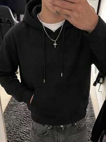 Men's All-Match Solid Color Loose Fit Hoodie, Solid Color Kangaroo Pocket Pullover, Minimalist Drawstring Metal Head Versatile Drop Shoulder, Minimalist No Print All-Match Metal Drawstring, Versatile Design For Layering And Casual Wear, Unisex - Black - View 5