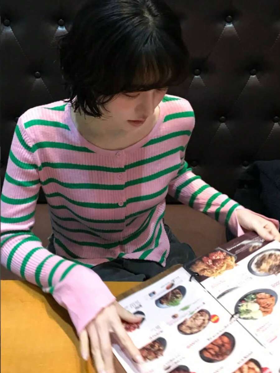 Women's New Autumn/Winter Pink Colorblock Striped Knit Lightweight Cardigan, Asymmetrical Hem, Slit Cuff Detail - Pinkish Green - View 1