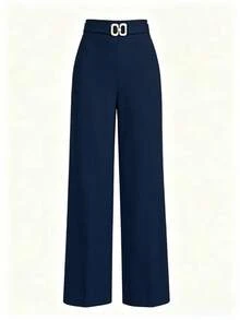 Black Pear-Shaped High Waist Buckle Design Slimming Casual Straight Leg Pants - Navy Blue - View 2