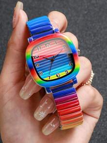 Women's Square Rainbow Gradient Quartz Watch, Elastic Expandable Band Rainbow Gradient Digital Dial Niche Design Wristwatch, Exquisite Gift For Girlfriend (1pc/Set) Watch Box Not Included - Multicolor - View 3