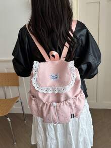 Colorblock Star Decor Backpack, Drawstring Closure Flap Lace Large Capacity, Suitable For Travel, Shopping, Vacation, Japanese Style, Back To School Season - Pink - View 4
