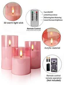 3pcs Flameless Candle Lights With Remote Control/Timer, Battery Operated, Pink Warm Light, Suitable For Christmas, Halloween, Valentine's Day, Mother's Day, Gift, Birthday, Proposal, Wedding, Dining Table, Party - Pink - View 9