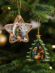 2pcs/Set 2D Flat Christmas Star & Christmas Tree Hanging Decor - Christmas Angel Birth Scene Acrylic Hanging Decoration - Suitable For Christmas Tree, Car Rearview Mirror, Backpack - No Power Required - Perfect Couple Gift & Holiday Decoration, Christmas Ornament - A - View 1