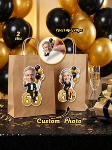 7/14/21pcs Customized Photo Milestone Birthday Stickers, Personalized Face 60th Birthday Decals, Black & Gold Balloon Formal Design, Self-Adhesive Gift Bag Stickers, Adult 60th Birthday Party Favor Decorations - Multicolor - View 2