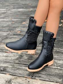 New Stylish Ankle Boots Solid Color Casual Lace-Up Women's Boots Fashion Versatile Slim Boots Vacation Style Casual Ankle Boots, Rivet Lace-Up Fashion Punk Style Ankle Boots, Suitable For All Weather And Any Occasion - Black - View 3