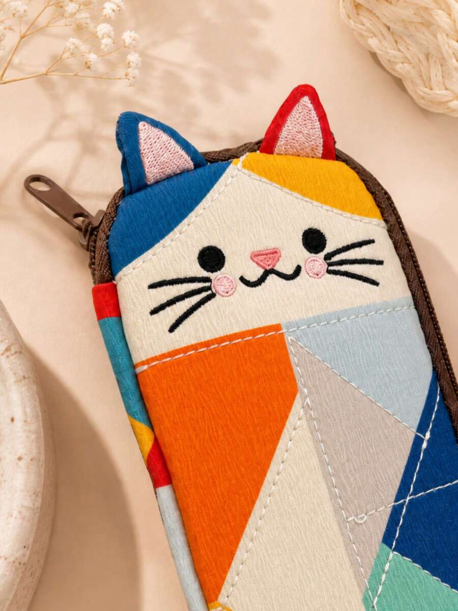 1pc Cat Patchwork Style Pencil Case, Unique Portable Cosmetic Bag, Patchwork Design Lightweight And Practical, Suitable For Cat Lovers, Can Be Used For Student/Office Supplies Storage