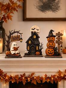 3pcs Halloween Wooden Tabletop Decor Set, Ghost Reading, Haunted House & Stacked Pumpkin Sign Ornaments, Fall Tiered Tray Home Party Decorations - Multicolor - View 5