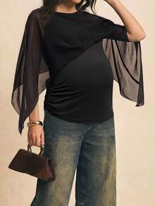 Maternity Round Neck Top For Pregnant Women, Draped Chiffon Sleeves With Side Ruched Detail, High Elasticity Maternity T-Shirt For Casual, Commute And Daily Wear - Black - View 4