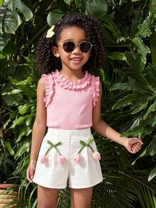 Girls' Tulip Floral Set, Breathable Elastic Vertical Striped Knit Ruffle Tank Top + Elastic Waist Shorts - Pink - View 2