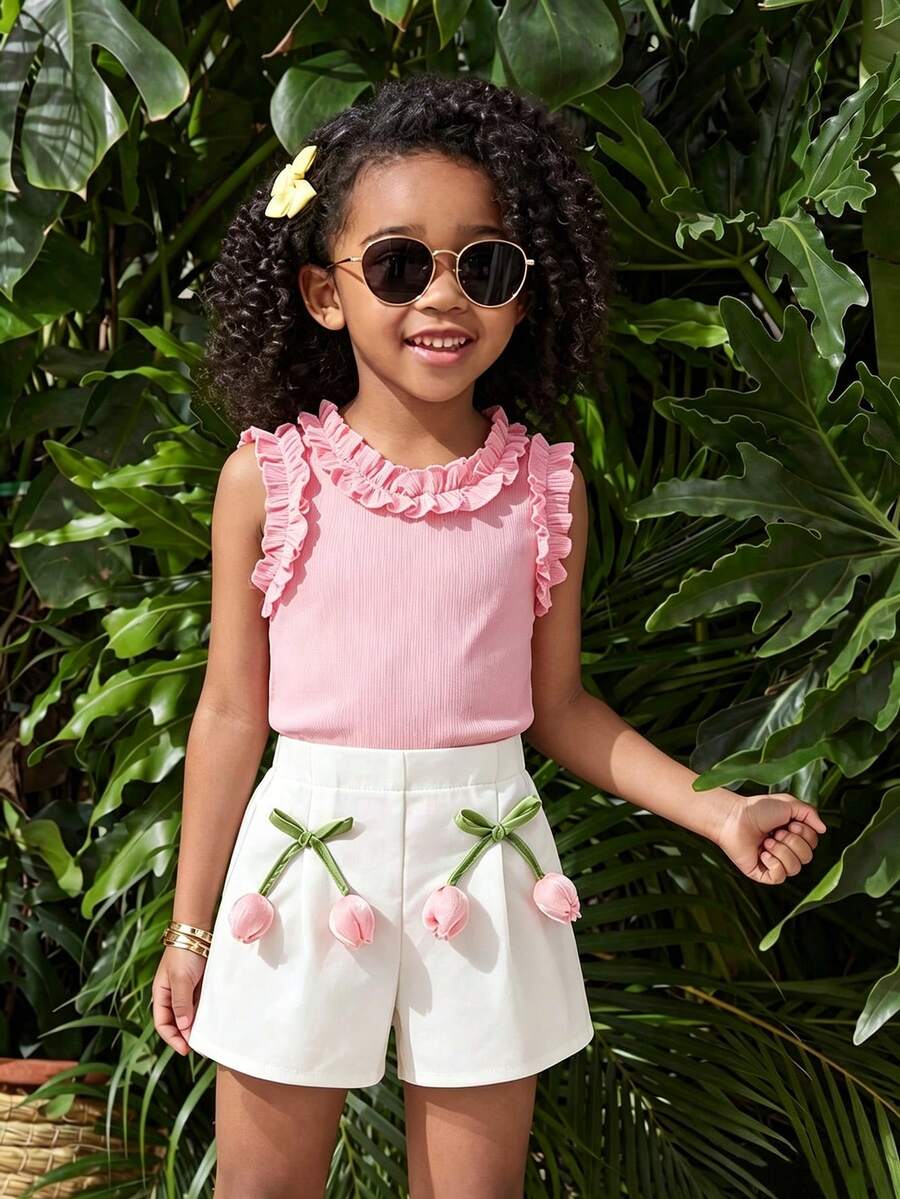 Girls' Tulip Floral Set, Breathable Elastic Vertical Striped Knit Ruffle Tank Top + Elastic Waist Shorts