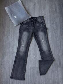 Celana Jeans Denim Hitam Model Flare dengan Motif Patchwork, Celana Jeans Denim Flare Gaya Jalanan, Celana Jeans Denim Flare yang Cocok untuk Semua Musim - Hitam - View 3