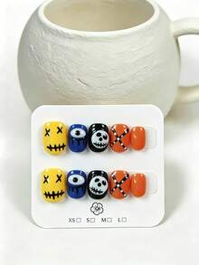 10pcs Handmade Press-On Nail Tips, Short Square Round Shape, Halloween Eve Cute Style, Yellow Base Ghost Face Hand-Painted, Blue Base Big Eyes, Black Base Skeleton Pattern, Orange Base White Dot Cross Strap Graffiti Mix Design, Playful And Eye-Catching, Suitable For Halloween Party, Holiday Outing, Atmosphere Check-In, Includes Full Set Of Nail Tools, Perfect Halloween Atmosphere Gift For Girls Who Love Personalized Outfits - Multicolor - View 2