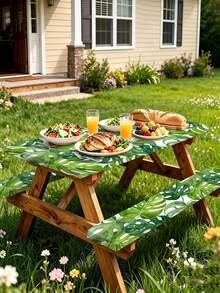 3 Pieces Picnic Tablecloth Set With Bench Cover, Elastic Edge Design, Leaf Pattern With Colorful Floral Accents, Washable Rectangular Tablecloth, Suitable For Weddings, Camping, Picnics, Garden Parties And More, Practical Essential - B - View 4