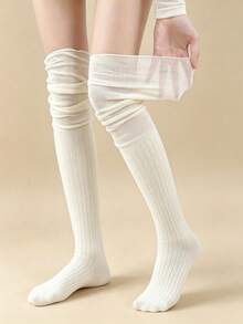 4 Pairs JK Over Knee Socks, Ribbed Polyester, Striped/Solid, Warm Winter Socks - Multicolor - View 7
