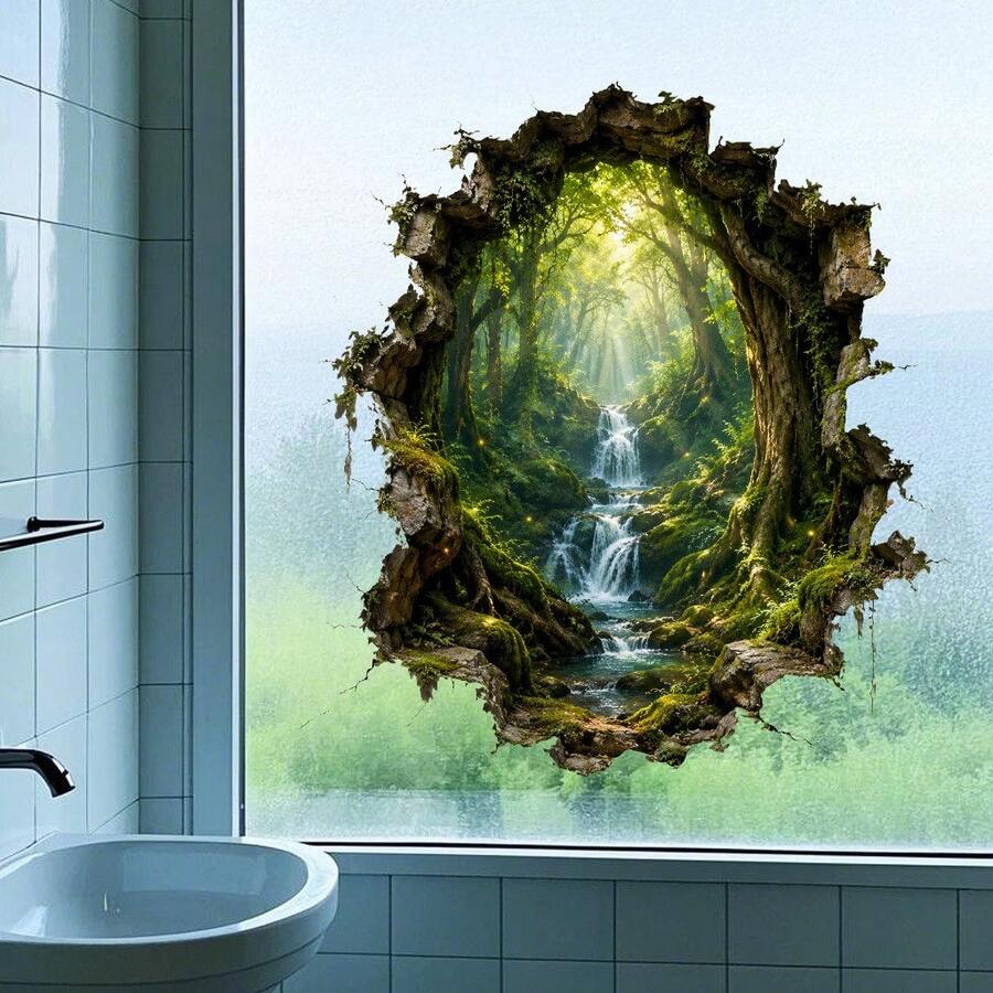 1pc Stone Cave Broken Frame Secret Forest Landscape Wall Sticker, Self-Adhesive Removable Waterproof Creative Sticker, Suitable For Home Decor, Glass Decoration, Atmosphere Decoration - A - View 1