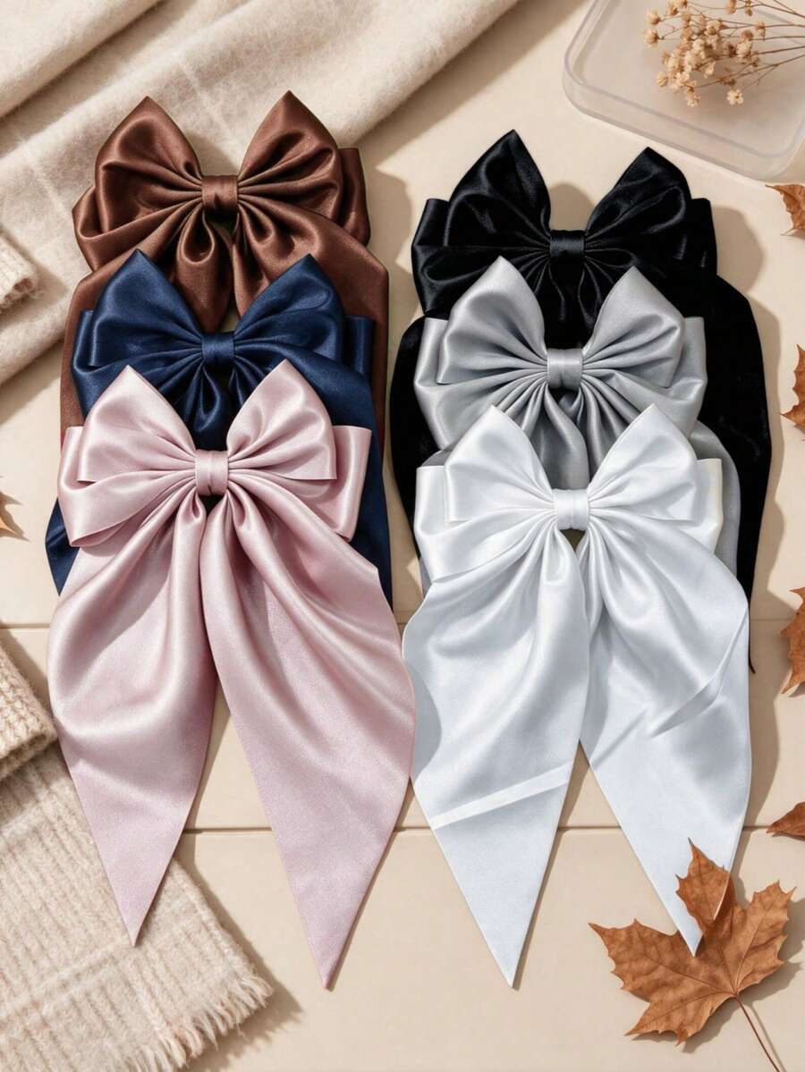 6入女款秋冬復古學院風蝴蝶結緞帶半紮馬尾髮夾 - 彩色 - 查看 1