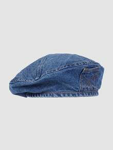 1pc Women's Vintage Distressed Washed Denim Pocket Beret Hat, Large Head Circumference, Versatile Elegant Painter Cap, Octagonal Hat - Blue - View 1