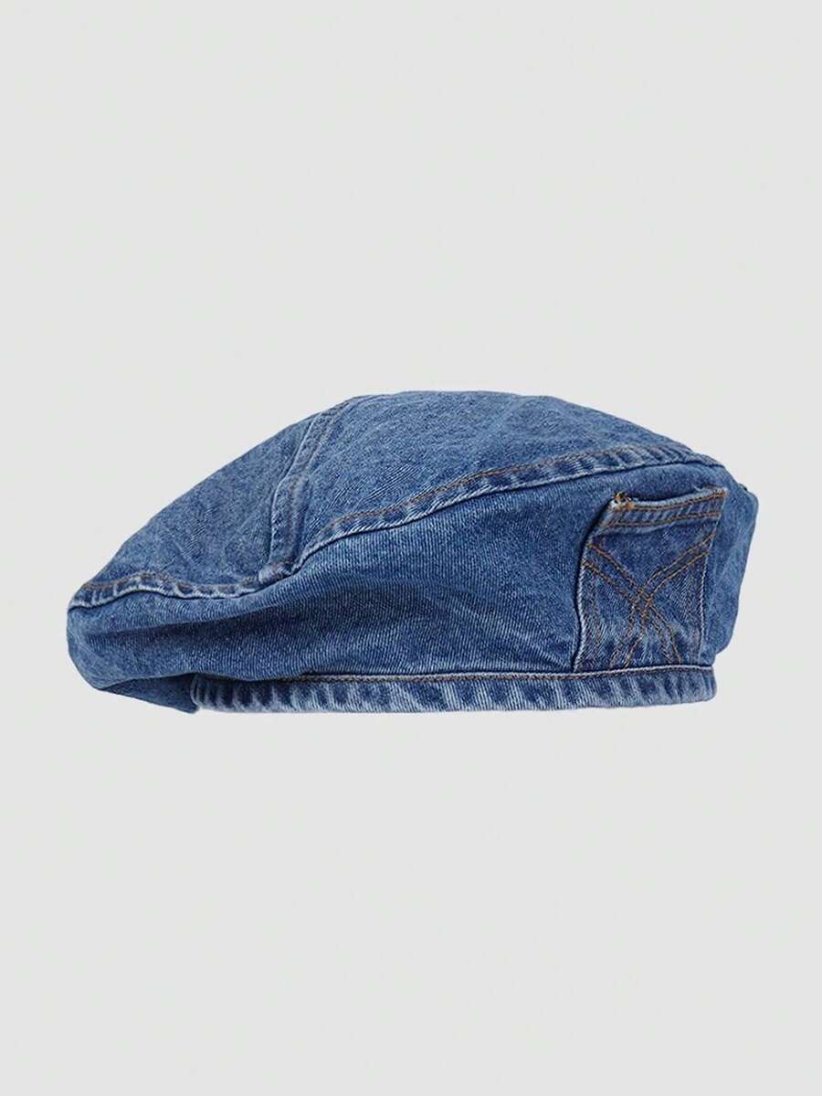 1pc Women's Vintage Distressed Washed Denim Pocket Beret Hat, Large Head Circumference, Versatile Elegant Painter Cap, Octagonal Hat - Blue - View 1