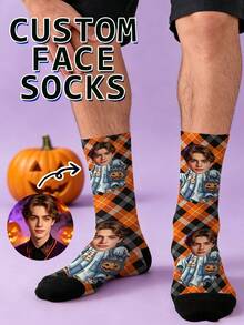 1 Pair Of Custom Socks, Smiling Face Custom Socks, Halloween, Plaid, Fun Socks, Birthday Gift, Wedding Gift, Friend Gift, Family Socks, Holiday - Multicolor - View 1