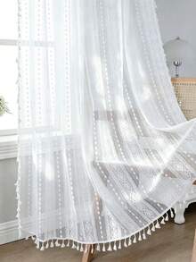 1 Panel Bohemian Lace Tassel Sheer Curtain, Rod Pocket Semi-Transparent Window Treatment, French Vintage Textured Cream Style Curtain, Suitable For Living Room And Bedroom, Combines Privacy Protection And Light Filtering Function Curtain Panel - White - View 4