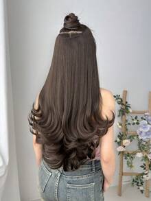 Ekstensi Rambut Jepit Bentuk V HEYPINK, Rambut Bergelombang Panjang 24 Inci, Serat Sintetis Tahan Panas, Cocok Untuk Wanita Dan Anak Perempuan Untuk Pesta Dan Penggunaan Sehari-hari - Dark Brown - View 8