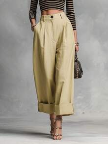 Kayi Solid Color Button Zipper Pocket Suit Fabric Wide Leg Cropped Pants Casual Commute Daily Spring Autumn Pants Business Casual Workwear Teacher - Khaki - View 1