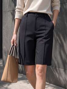 1pc Women's Solid Color High Waist Suit 5-Point Pants, Front Center Line Pleated Draped Slimming Straight Leg Mid-Length Trousers Black Summer - Black - View 2