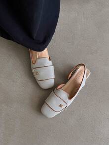 French Vintage Square Toe Slingback Flat Sandals For Women, Contrast Trim Metal Buckle Loafers, Canvas & Leather Commuter Vacation Street Style Versatile Shoes - Blue-gray - View 8