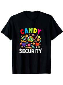Men's Candy-Themed Safety T Shirt - 100%Pure Cotton,Short Sleeves,Round Neck,Lollipop/Candy Pattern,Suitable For Use In Clothing. - 黑色 - 查看 6