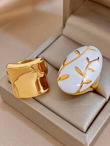1Pc/Set Smooth Concave Curved Ring Oval White Gold Leaf Stainless Steel Rings Jewelry,For Women,Party,Daily,Christmas,Boho,Valentine Birthday Gifts - Multicolor - View 2