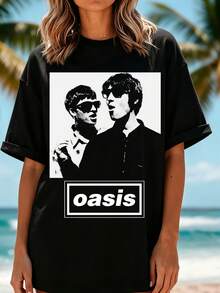 Oversized T-Shirt With Oasis Band Photo Print, Comfortable For Music Events, Parties, And Casual Outings - 黑色 - 查看 1