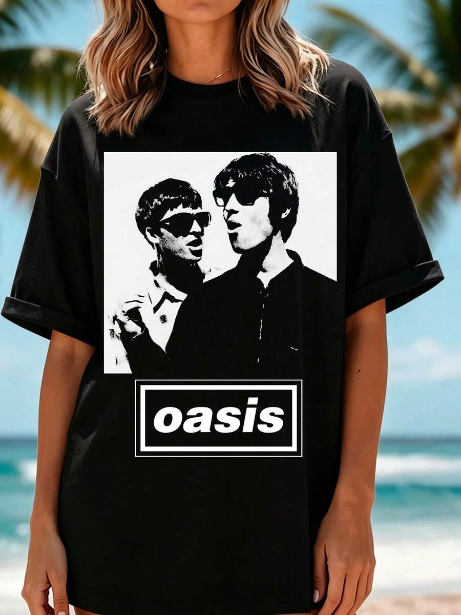 Oversized T-Shirt With Oasis Band Photo Print, Comfortable For Music Events, Parties, And Casual Outings - 黑色 - 查看 1