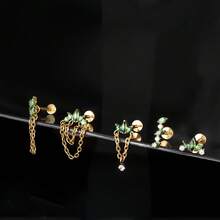 1PC G23 Titanium Internally Threaded Labret Stud Emerald Green Chain Cartilage Stud Earrings Cluster Flat Earring Piercing Jewelry Women New - Green - View 5