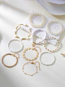 Conjunto de 10 piezas de pulseras de moda con perlas falsas y cuentas de margarita - Accesorios de mano bohemios creativos para la playa - Multicolor - Ver 3
