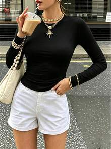 Basic Solid Color Long Sleeve T-Shirt, Short Slim Fit, Essential Casual Black Item For Autumn/Winter - Black - View 5