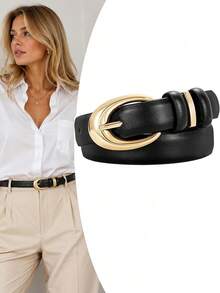 Geometric Buckle Versatile Belt, Personalized Retro Buckle Belt, Minimalist Versatile Belt Suitable For Pants, Skirts, Dresses, Blazers - Black - View 1