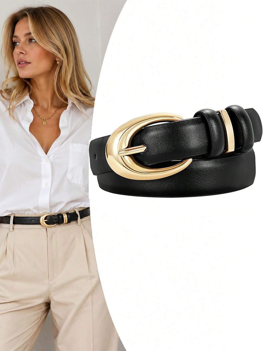 Geometric Buckle Versatile Belt, Personalized Retro Buckle Belt, Minimalist Versatile Belt Suitable For Pants, Skirts, Dresses, Blazers - Black - View 1