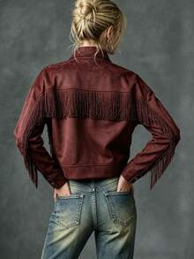 Vintage Western Fringed Faux Suede Jacket, Women's Lapel Short Bohemian Denim Jacket - Coffee Brown - View 5