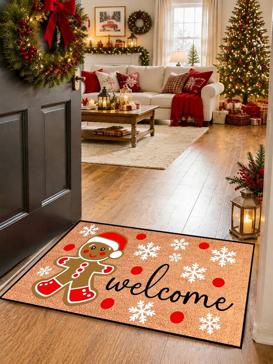 1pc, Winter Christmas Funny Smiling Gingerbread Man Welcome Pattern Door Mat, Holiday Style Machine Washable Polyester Fiber Mat, Suitable For Indoor, Party, Daily Decor, All Season Use - Orange - View 1