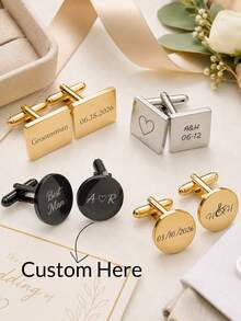 2PCS Personalized Customized Multi-Color Premium Metal Shirt Cufflinks, French Business Suit Cufflinks For Men, Gold Black Square Round, Groom Groomsmen Bride Father Outfit Accessories - Multicolor - View 1
